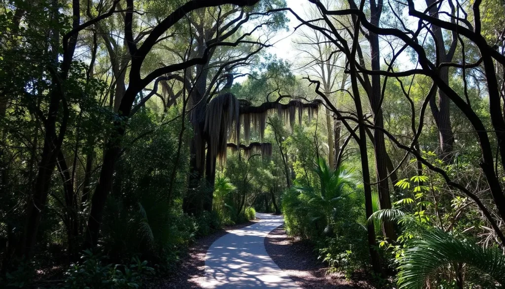 Tropical hardwood hammock trail at Lignumvitae Key Botanical State Park during winter season with filtered sunlight Tropical hardwood hammock trail at Lignumvitae Key Botanical State Park during winter season with filtered sunlight