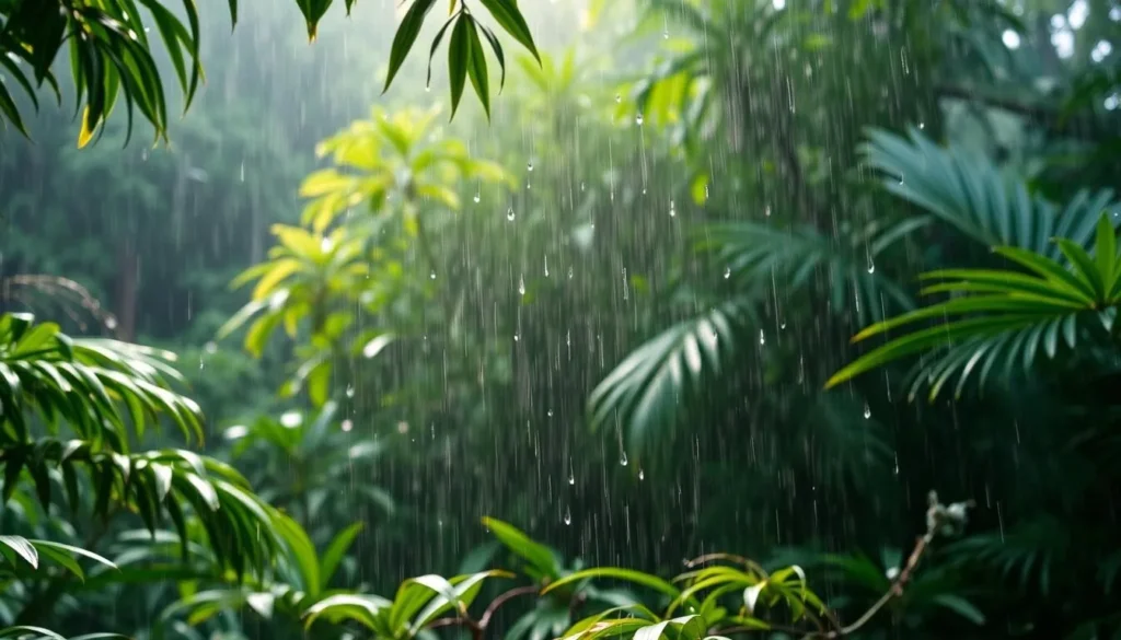 Tropical rainfall in Tena Ecuador rainforest