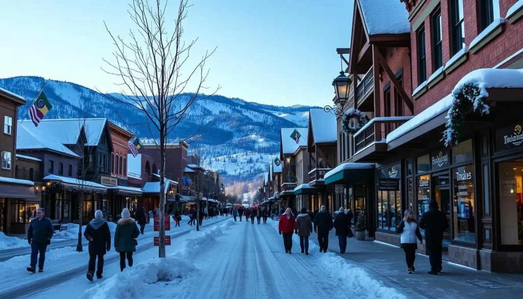 Truckee, California things to do in winter - snow-covered downtown with holiday decorations and people enjoying winter activities Truckee, California things to do in winter - snow-covered downtown with holiday decorations and people enjoying winter activities