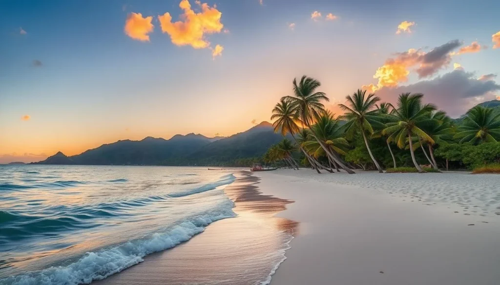 Trujillo beach during sunset with palm trees and clear skies