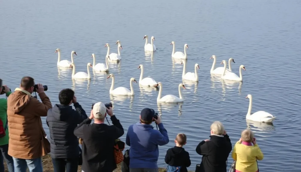 Trumpeter swans in Callander Bay with birdwatchers observing from shore
