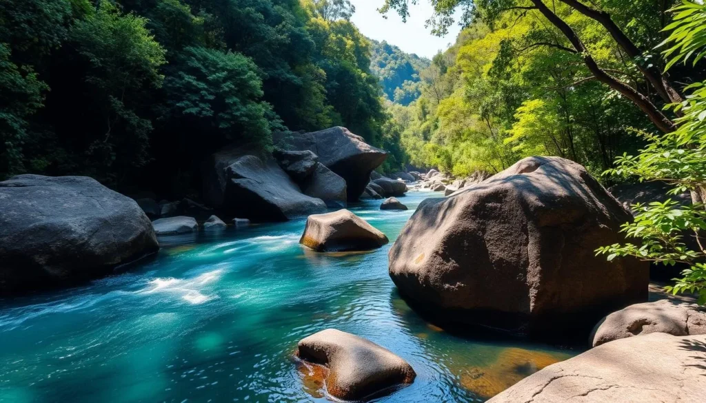 Tully River flowing through Tully Gorge National Park with lush rainforest on both sides
