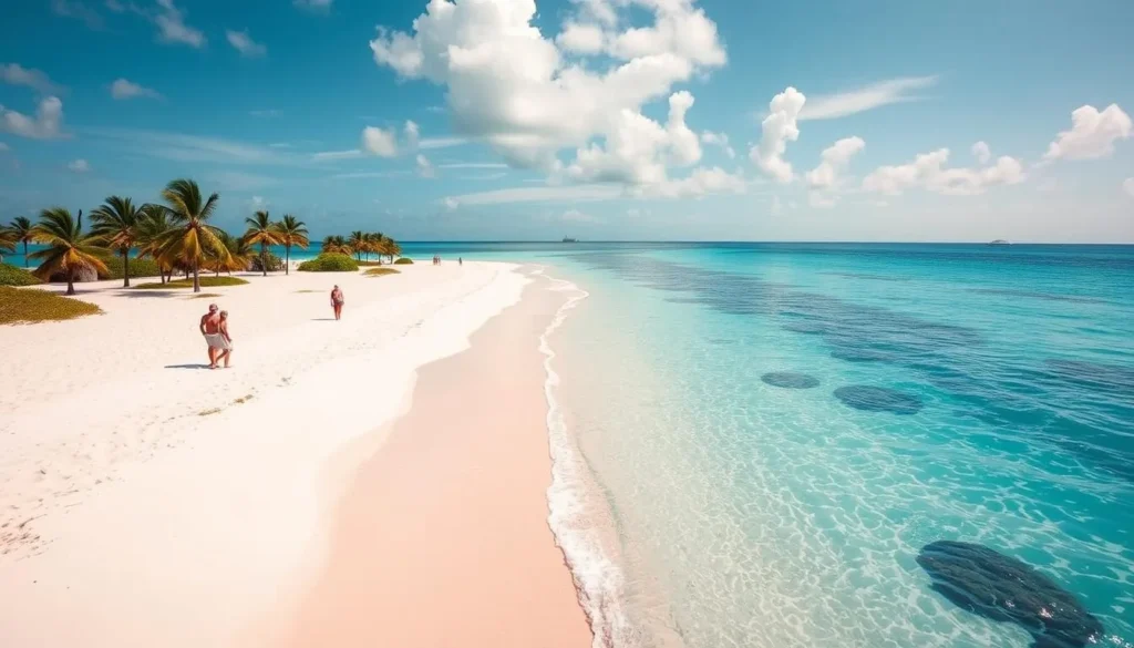 Tulum beach during peak season showing pristine white sand and turquoise waters without seaweed