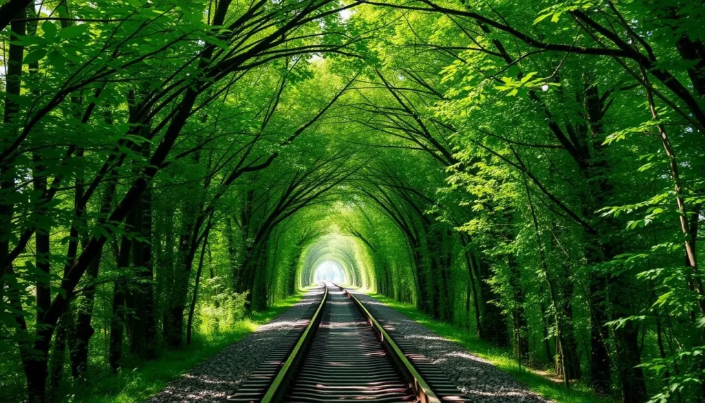 Tunnel of Love near Klevan with natural green arch formed by trees over railway tracks - Ukraine best things to do