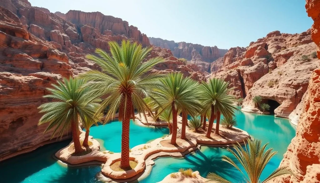 Turquoise pools and palm trees at Wadi Shab near Sur, Oman - Sur Oman things to do