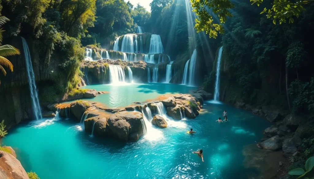 Turquoise pools of Kuang Si Waterfalls surrounded by lush jungle in the Luang Prabang Range