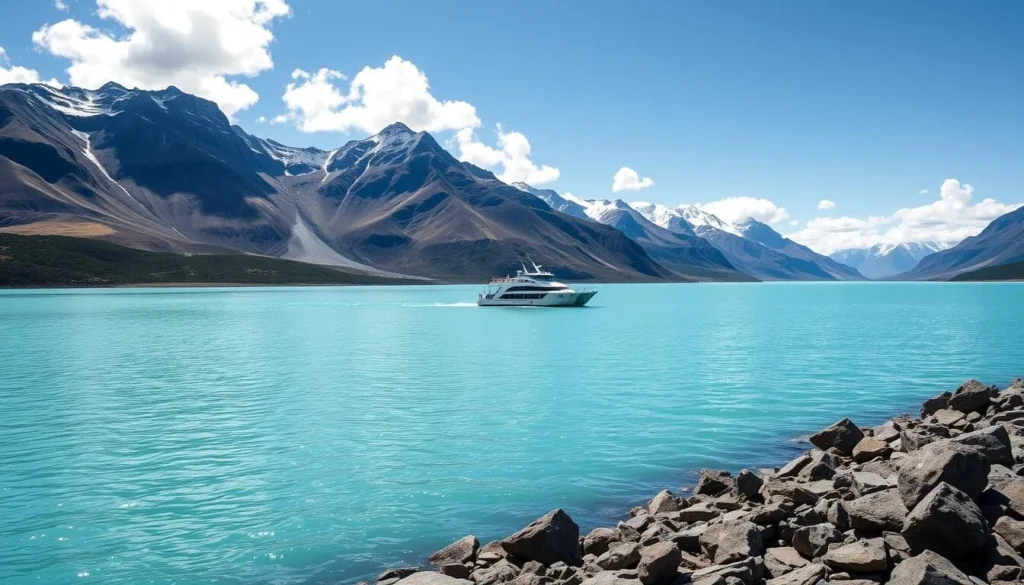 Turquoise waters of Lake Pehoé with Los Cuernos mountains in the background and small boat crossing