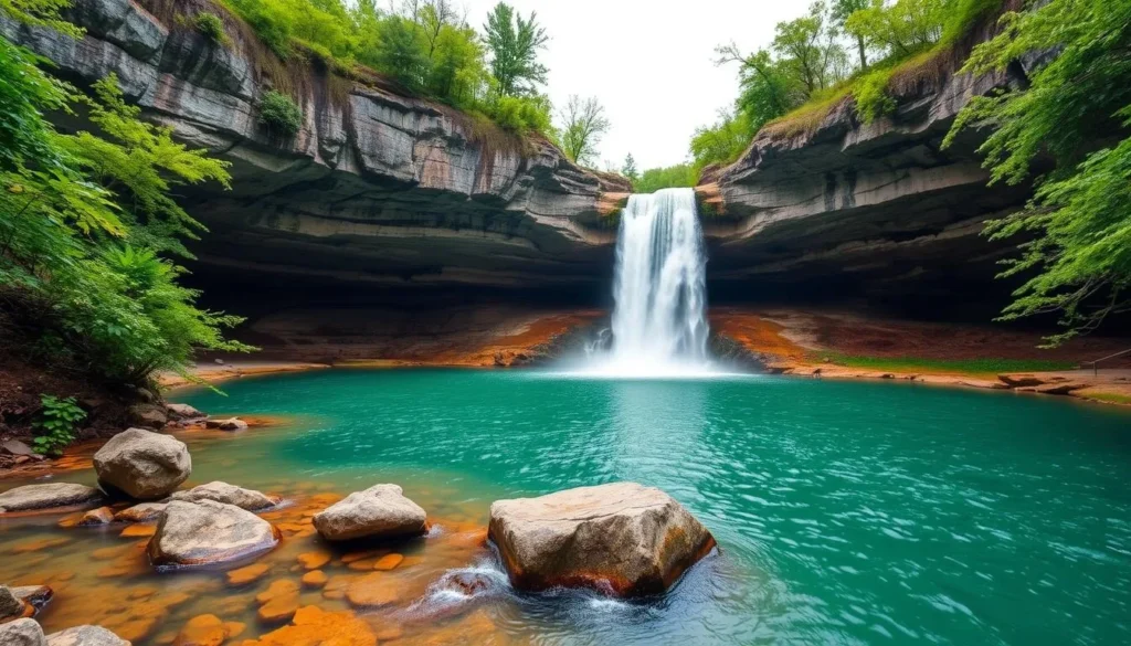 Twin Falls at Rock Island State Park with water cascading from cavern walls Twin Falls at Rock Island State Park with water cascading from cavern walls