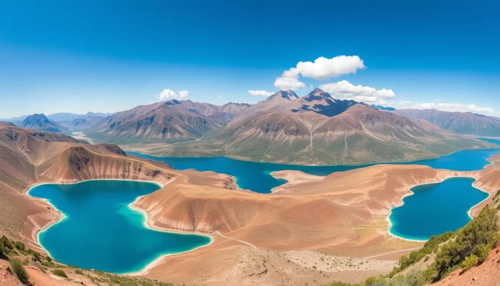 Twin lakes (Isli and Tislit) in the western part of Haut Atlas Oriental National Park with mountains in the background