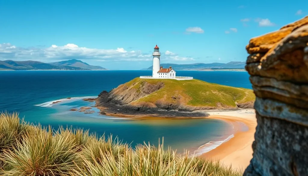 Tŵr Mawr Lighthouse on Llanddwyn Island with beach views