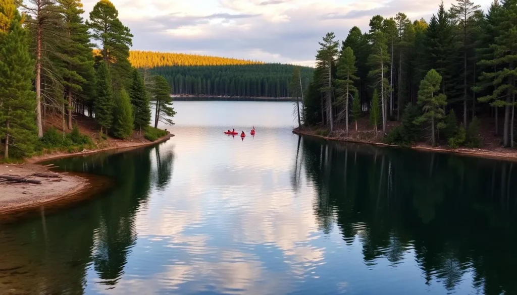 Tyler State Park lake with pine trees, outdoor things to do in Tyler, Texas