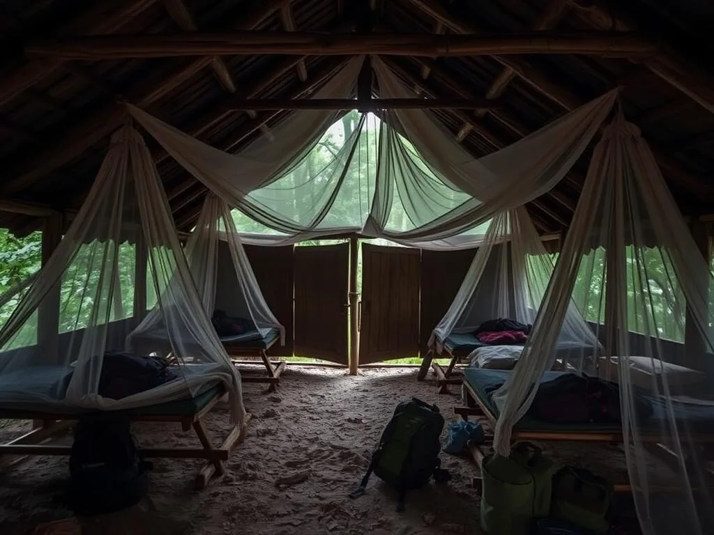 Typical sleeping accommodations at a camp during the Ciudad Perdida trek with hammocks and mosquito nets