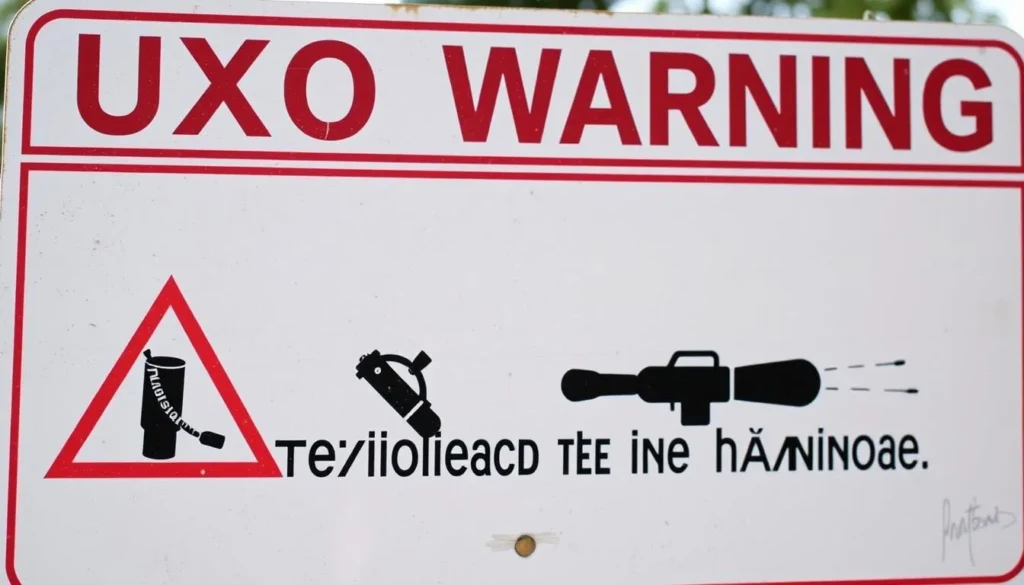 UXO warning sign in Phonsavan with safety information for visitors