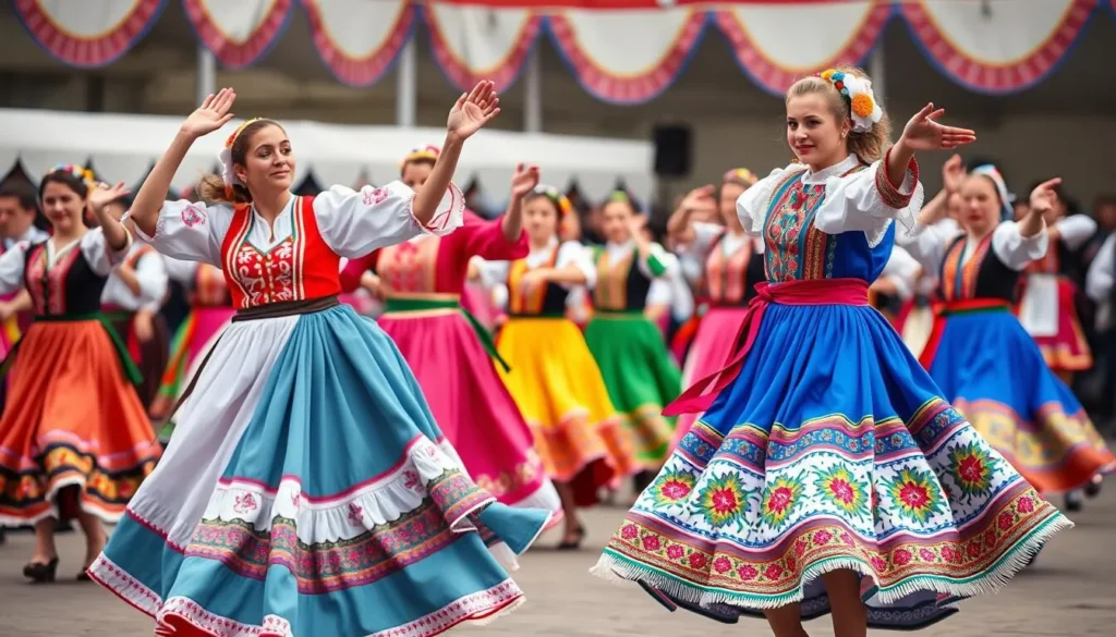 Ukrainian folk dancers in traditional costumes performing at a cultural festival - Ukrainian culture