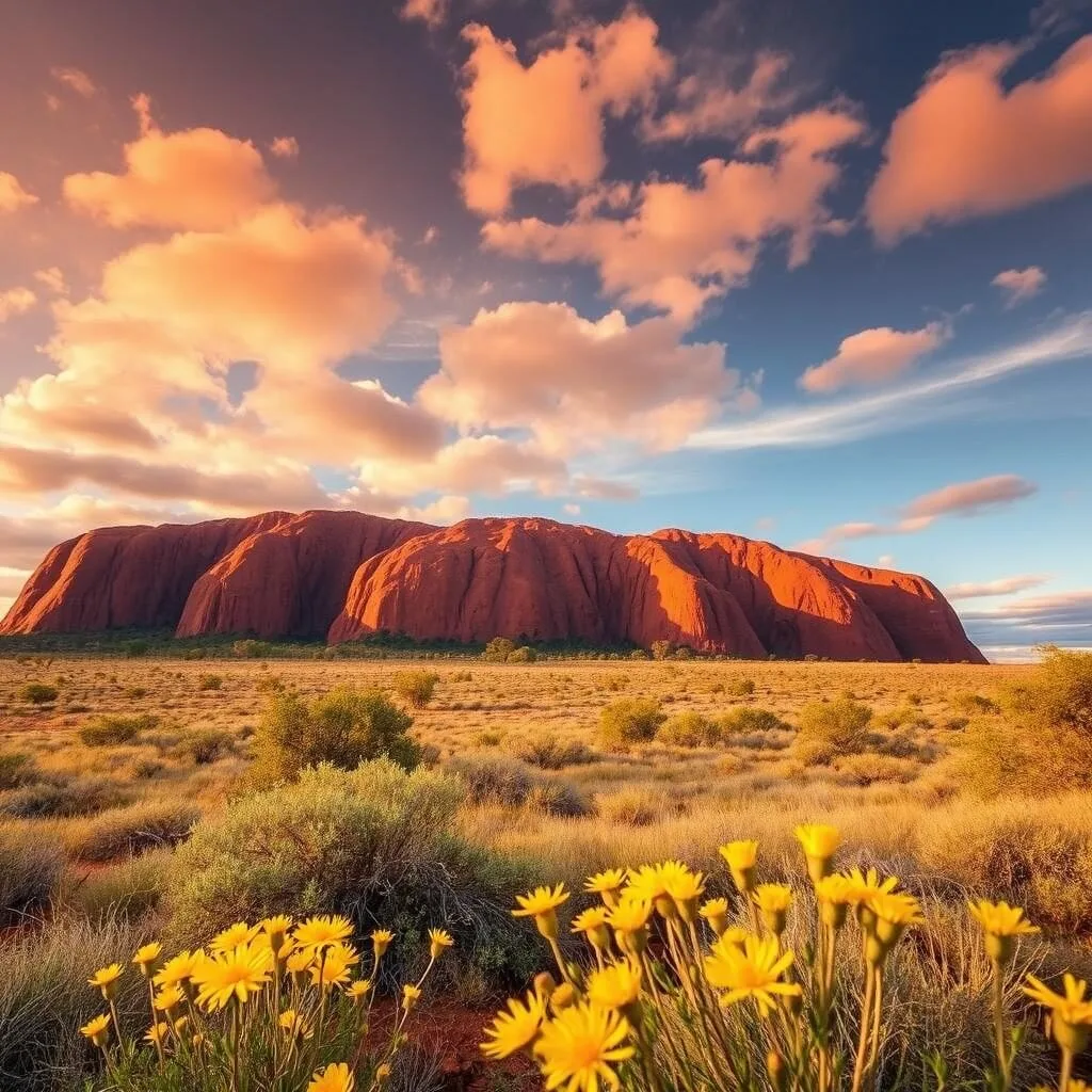 Uluru in spring with desert wildflowers and warming temperatures