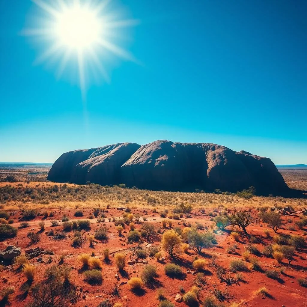 Uluru in summer with heat waves visible and clear blue sky