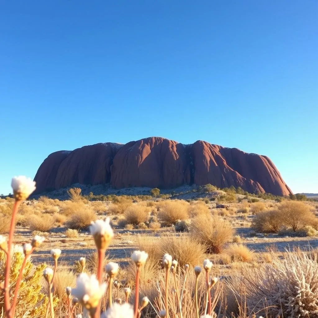 Uluru in winter with frost visible in the morning and clear blue skies