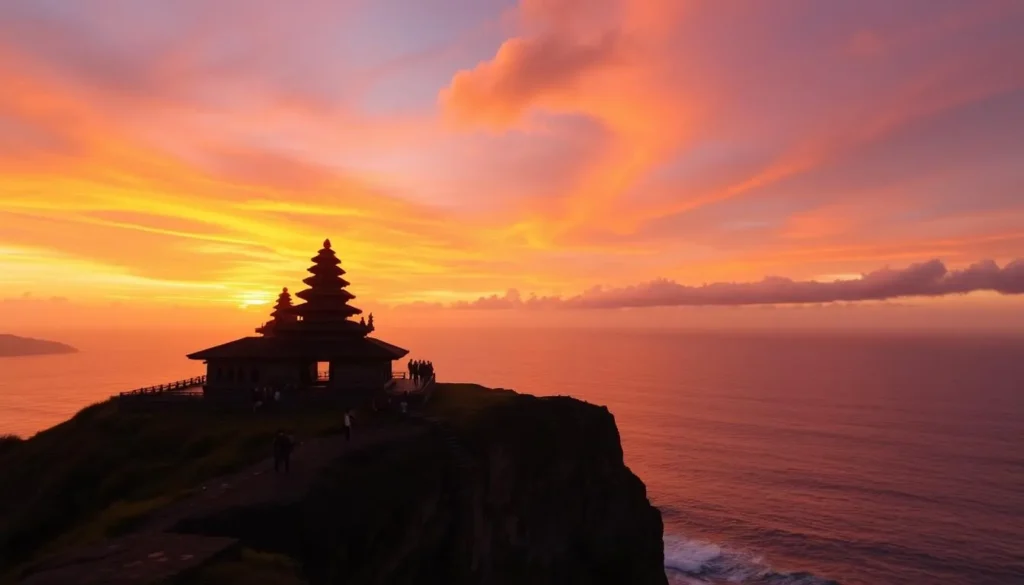 Uluwatu Temple perched on cliff edge with dramatic sunset over the Indian Ocean