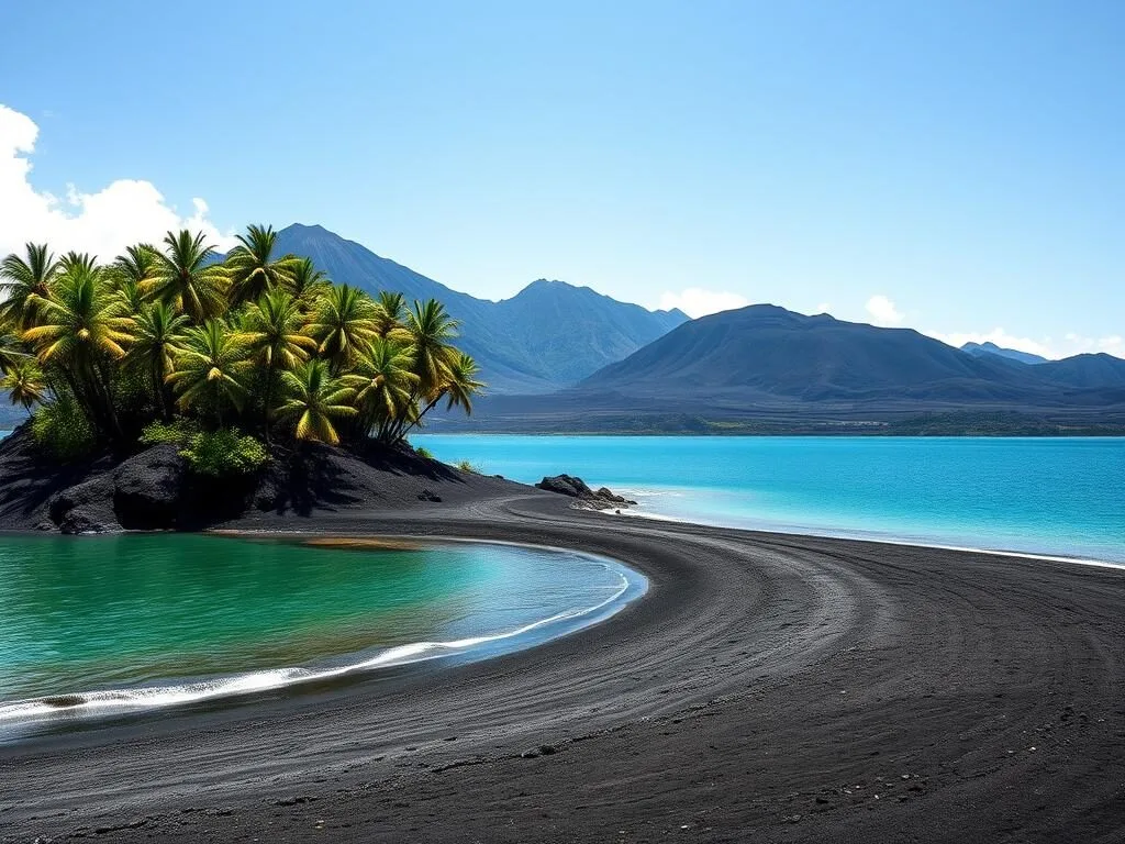 Una Una Island with black volcanic sand beach, palm trees and emerald waters Una Una Island with black volcanic sand beach, palm trees and emerald waters