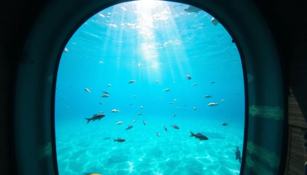 Underwater observatory viewing window at Ellie Schiller Homosassa Springs Wildlife State Park Florida showing fish and spring