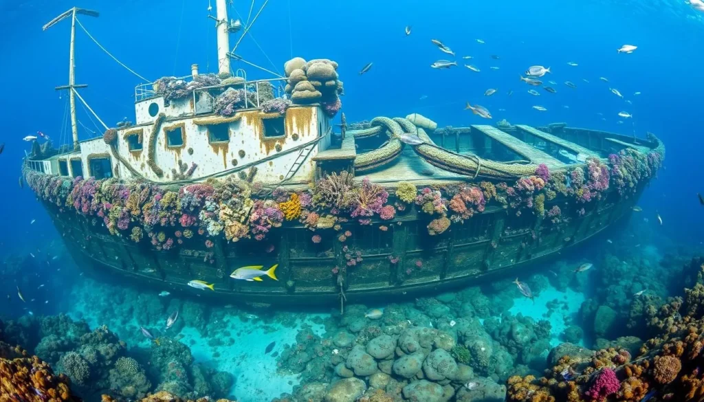 Underwater scene of the famous Russian Frigate MV Captain Keith Tibbetts wreck dive site near The Bight, showing colorful coral growth and tropical fish