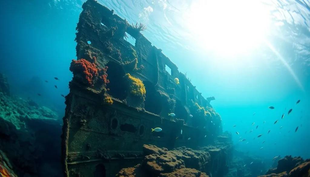 Underwater view of the RMS Rhone shipwreck with colorful coral and fish