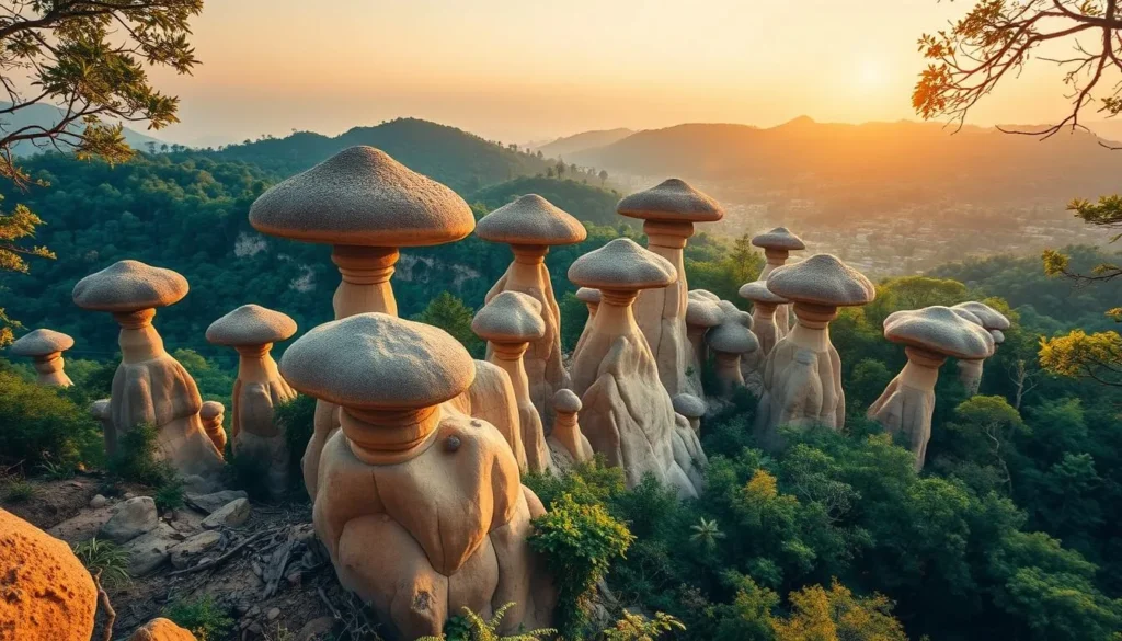 Unique mushroom-shaped rock formations in Phou Xieng Thong National Protected Area