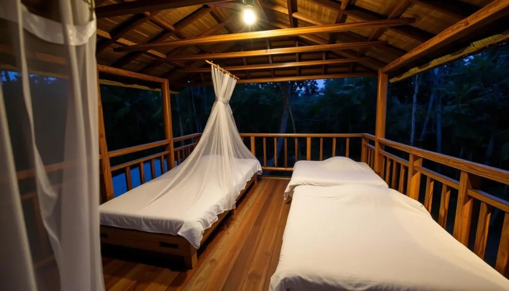 Upper deck of a klotok houseboat with sleeping arrangements under mosquito nets in Tanjung Puting
