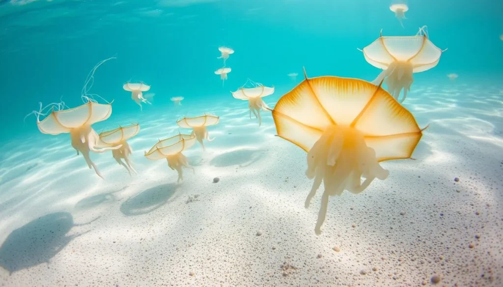 Upside-down jellyfish (Cassiopeia) in the shallow waters of Deer Key at Curry Hammock State Park