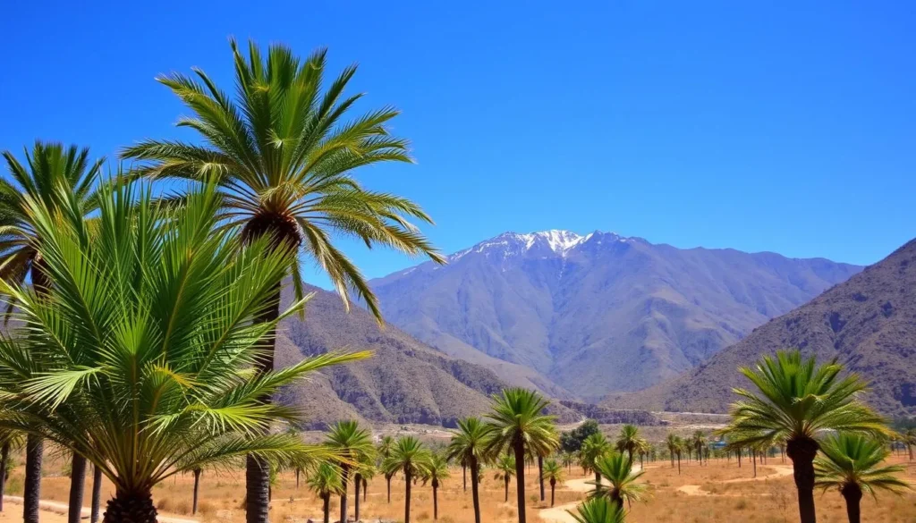 Valle de Cocora landscape during the dry season showing clear blue skies and vibrant green wax palms against mountain backdrop