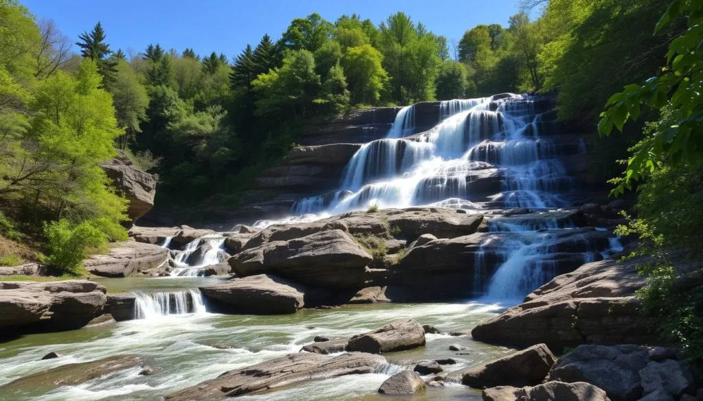 Valley Falls State Park showing cascading waterfalls surrounded by forest in Fairmont, West Virginia
