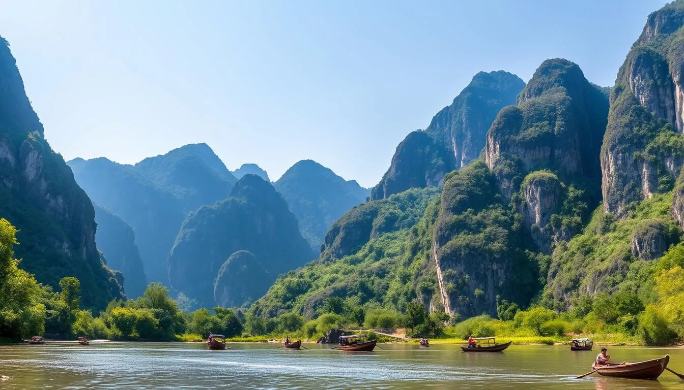Vang Vieng, Laos things to do - panoramic view of karst mountains and Nam Song River during dry season with clear blue skies
