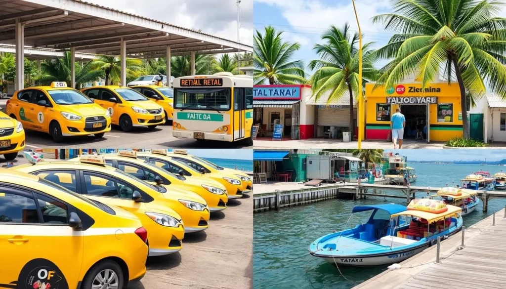 Various transportation options in Ixtapa including taxis, buses, and rental cars