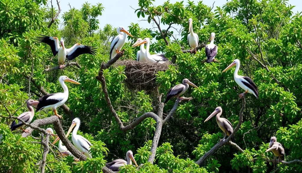 Various tropical birds nesting in the trees of Isla Contoy