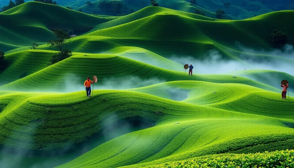 Vast green tea plantations of Kayu Aro at the base of Mount Kerinci