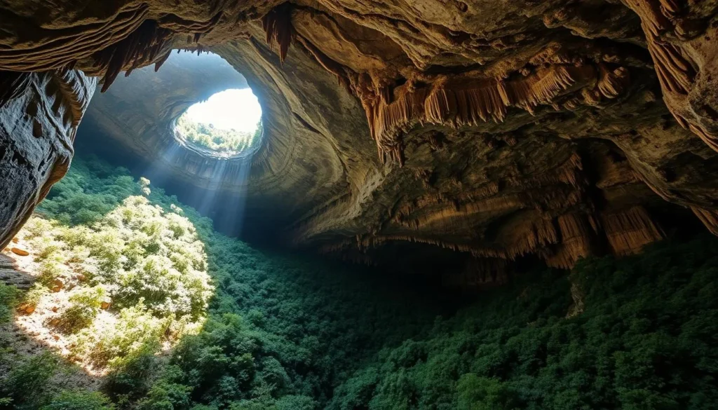 Vast, majestic limestone caves nestled within a lush, verdant landscape. Sunlight streams through crevices, illuminating the intricate formations of stalactites and stalagmites. Explore the depths of this subterranean wonder, where wildlife thrives in the shadows, and the air is filled with the echoes of a primordial past. A cinematic wide-angle lens captures the grandeur of this natural sanctuary, showcasing the remarkable biodiversity and geological marvels that make this national park a true gem of Romania.