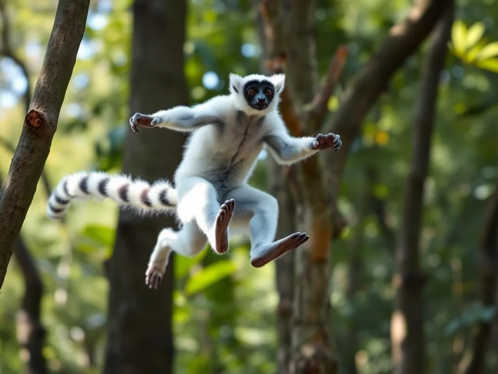 Verreaux's sifaka lemur leaping between trees in Kirindy Mitea National Park