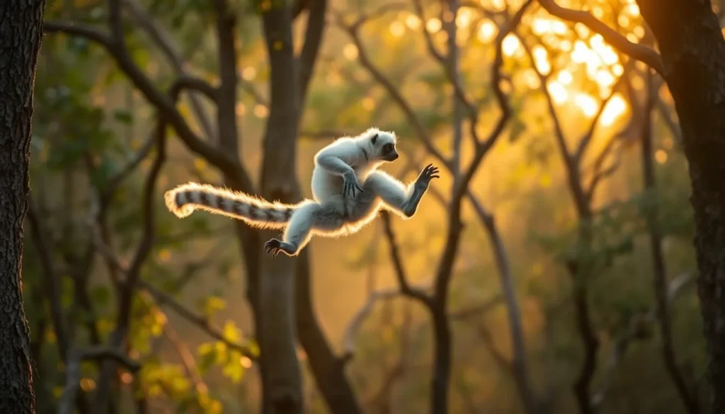 Verreaux's sifaka lemur leaping between trees in Zombitse-Vohibasia National Park