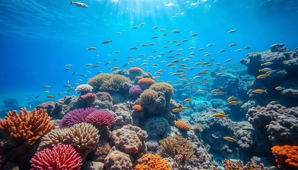 Vibrant coral reef with colorful fish in the clear waters of the Red Sea