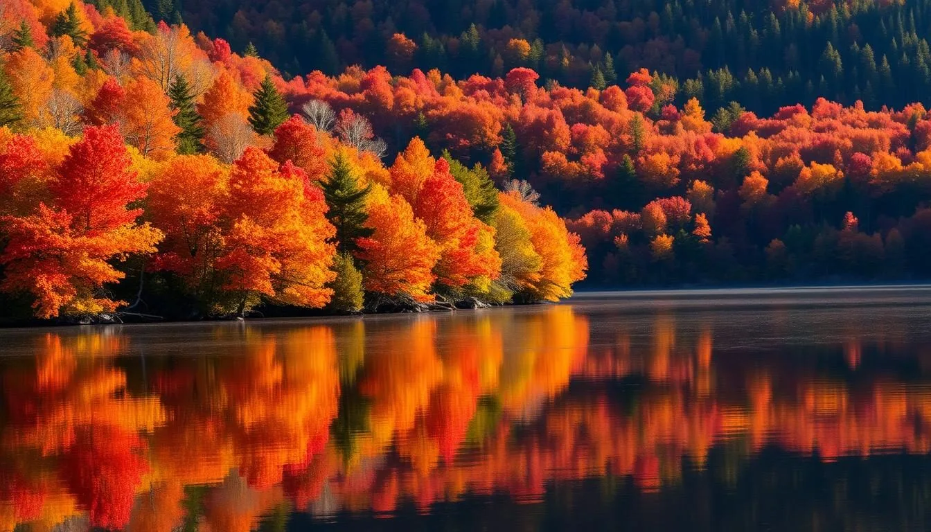 Vibrant fall colors along a lake in Algonquin Provincial Park, Ontario Canada