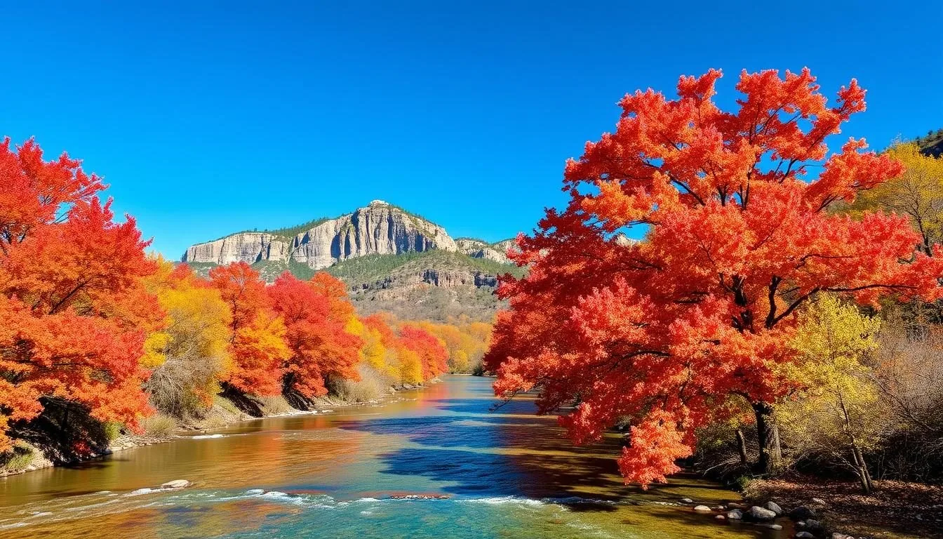 Vibrant fall foliage at Lost Maples State Natural Area, Texas with bigtooth maple trees displaying bright red and orange leaves along the Sabinal River