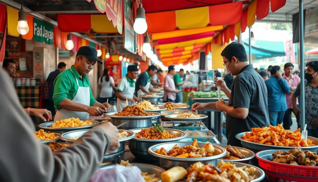 Vibrant food stalls at Surabaya Culinary Festival with local chefs preparing traditional East Javanese dishes