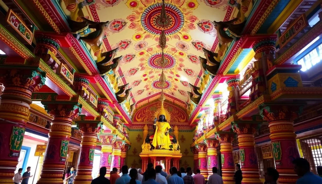 Vibrant interior of Pathirakali Amman Hindu Temple with colorful decorations and statues
