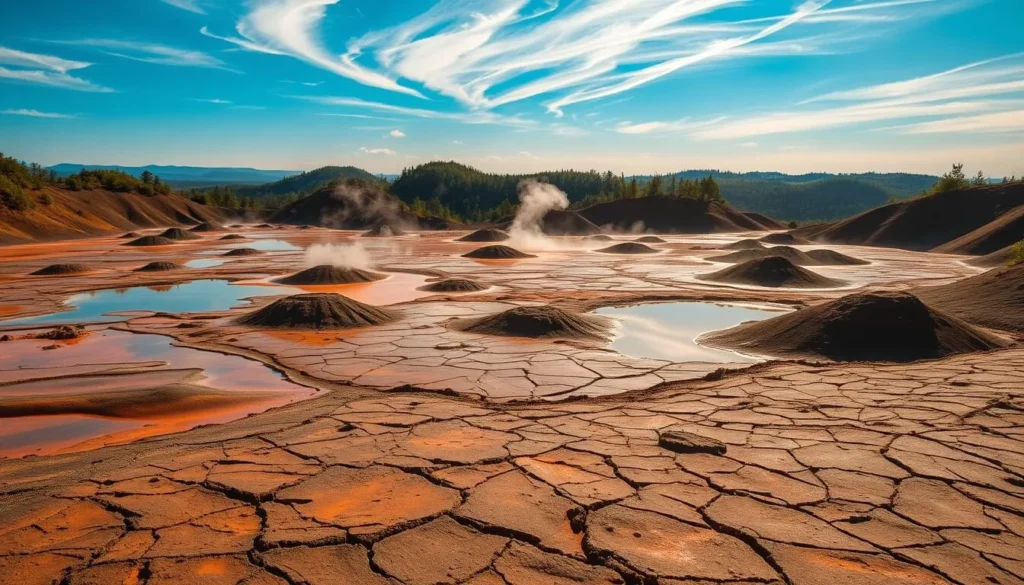 Vibrant mud volcanoes, their bubbling pools reflecting the azure sky above. Rugged hills dotted with lush greenery surround the mesmerizing natural formations, creating a serene and otherworldly landscape. Warm sunlight filters through wispy clouds, casting a soft glow over the scene. In the foreground, intricate patterns of dried mud and mineral deposits add visual interest, while the middle ground showcases the volcanoes' majestic forms, their surfaces ranging from muted browns to vibrant ochres. The background features distant peaks, hazy and ethereal, completing the captivating vista. Capture this enchanting natural wonder in a high-resolution, cinematic photograph, using a wide-angle lens to showcase the grandeur of the Buzau region.