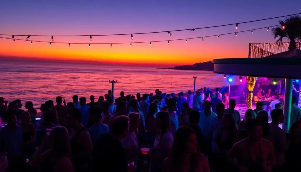 Vibrant nightlife scene at a Batroun beach club with lights and people enjoying drinks