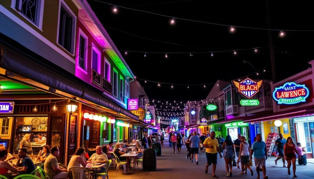 Vibrant nightlife scene in Saint Lawrence Gap with colorful lights and people enjoying outdoor bars Vibrant nightlife scene in Saint Lawrence Gap with colorful lights and people enjoying outdoor bars