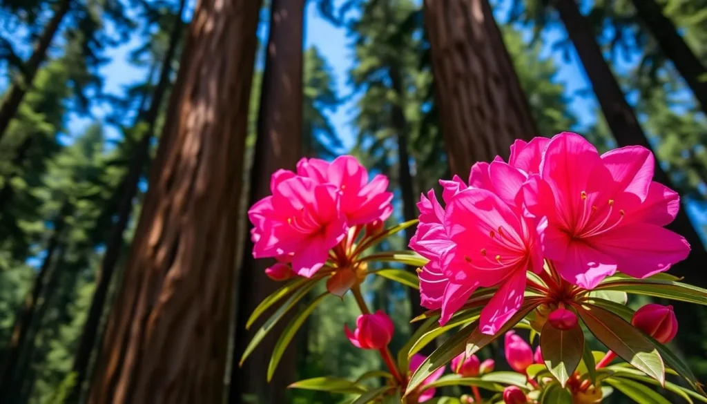 Vibrant pink rhododendrons blooming among redwood trees at Kruse Rhododendron State Natural Reserve