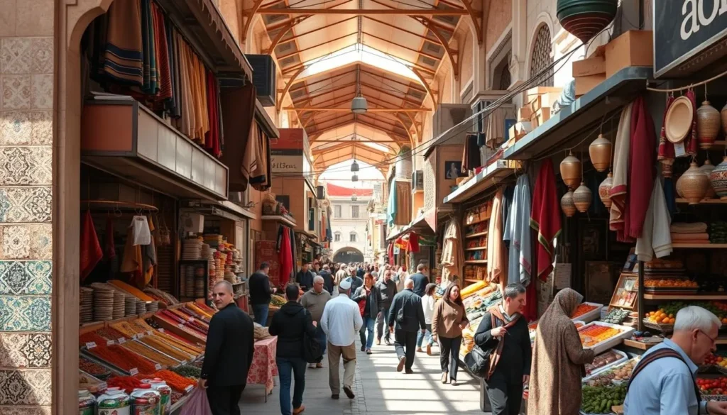 Vibrant scene at Souk Joutia marketplace in Mohammedia with colorful displays