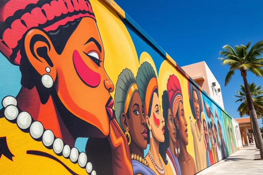 Vibrant street art mural in San Nicolas Aruba depicting local culture