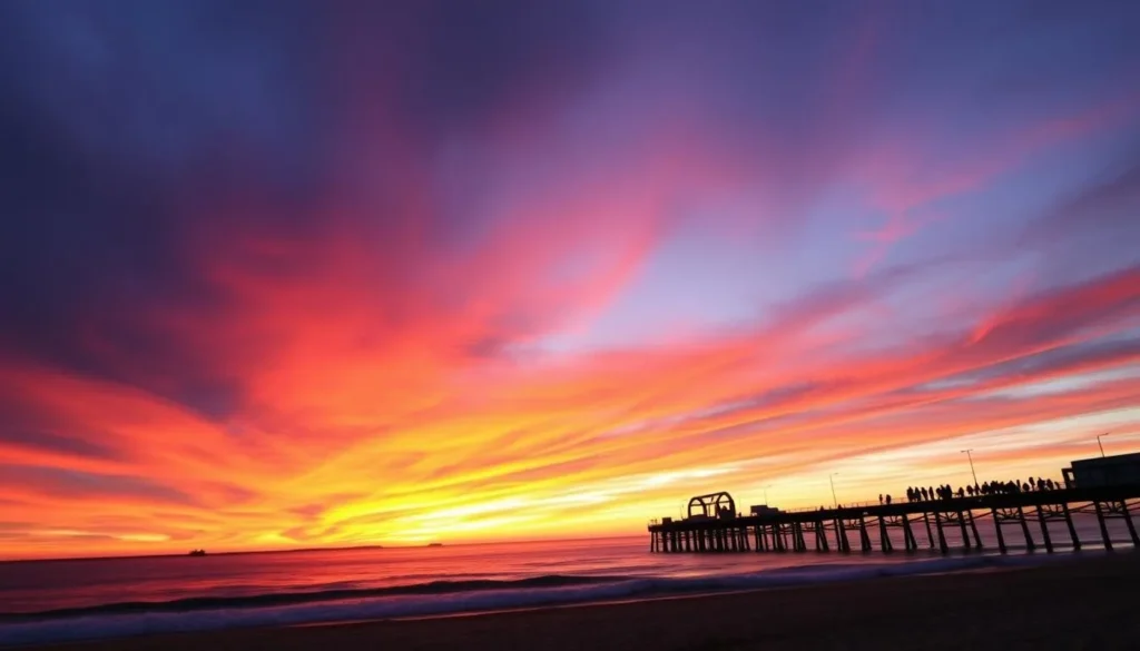 Vibrant sunset over Glenelg Beach with silhouettes of people enjoying the view